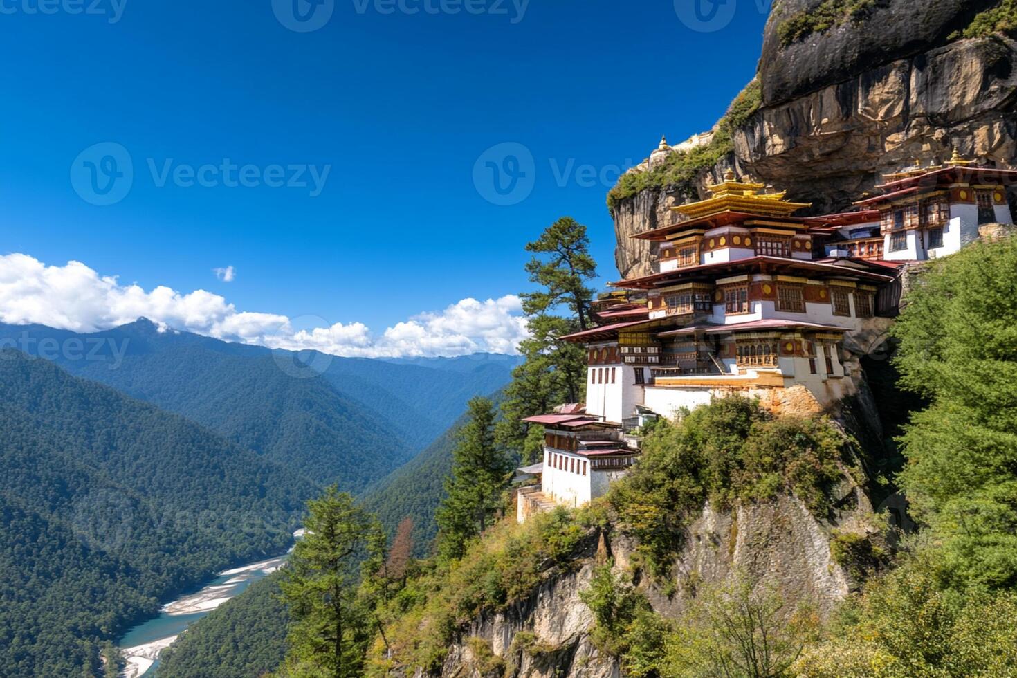 The buddhist monastery is perched on the edge of a cliff photo