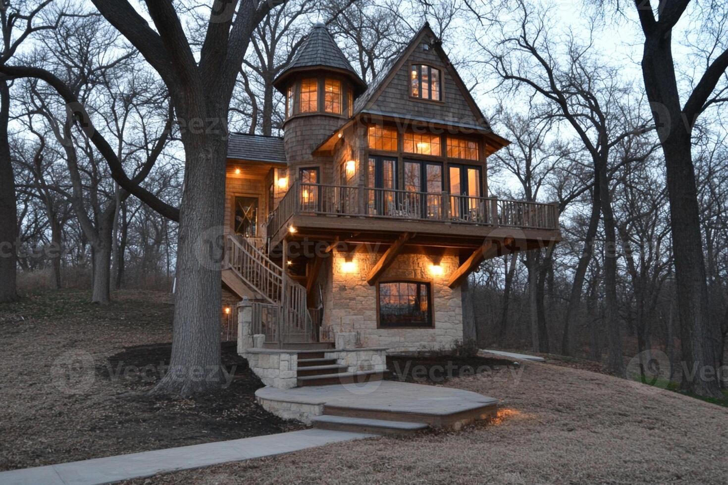 A tree house with stairs leading up to it photo