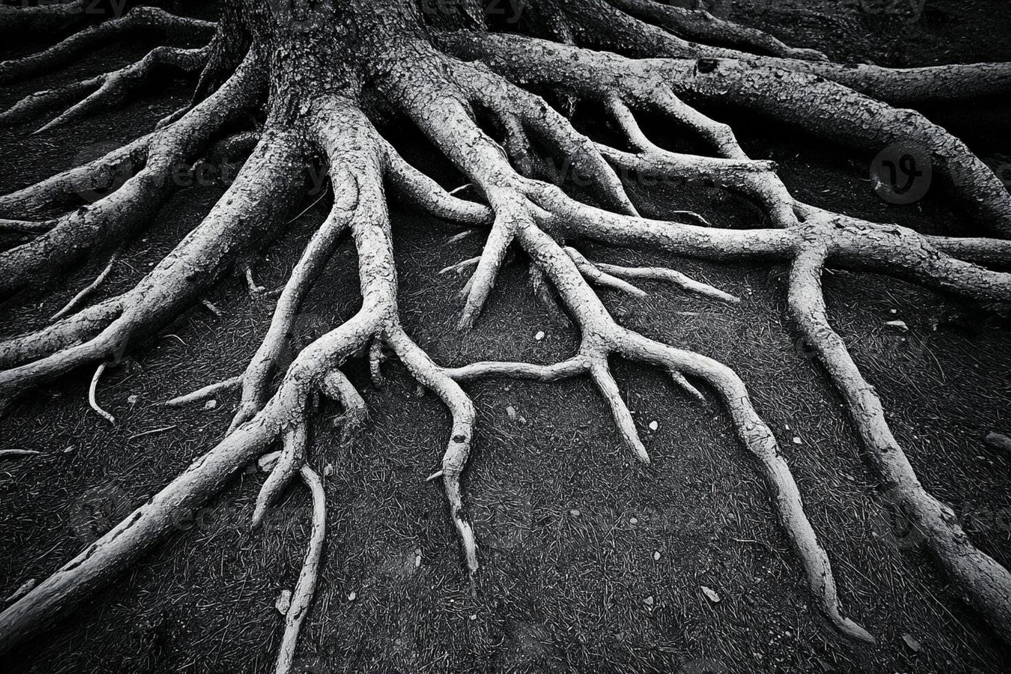 Black and white photograph of tree roots photo