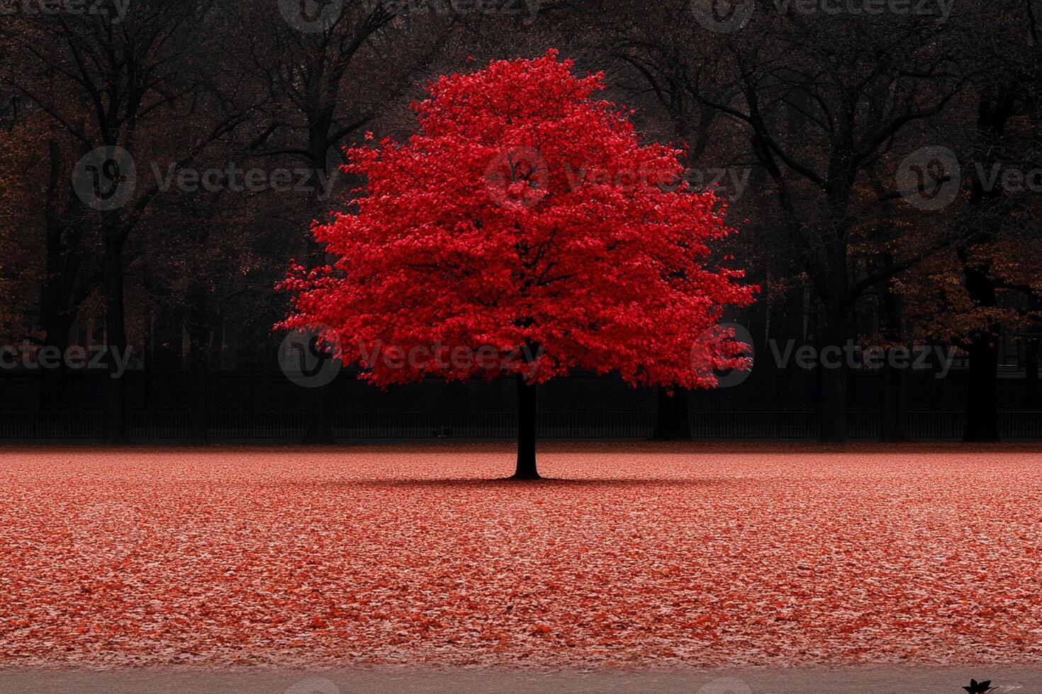 A red tree stands alone in a field of red leaves photo