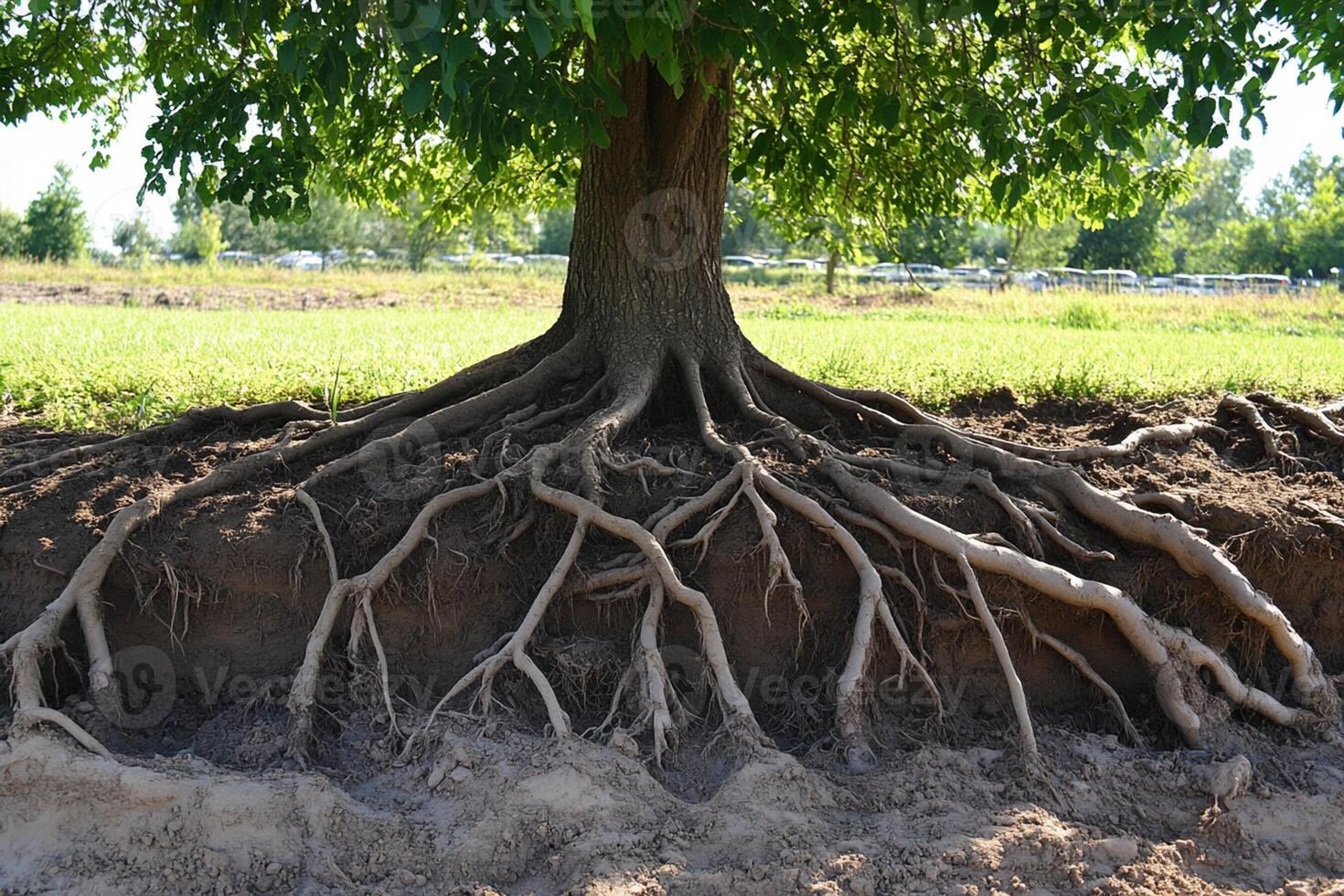 A tree with its roots showing in the dirt photo