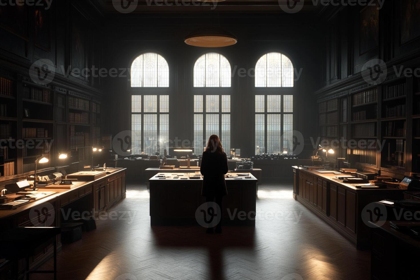 A person standing in a library with lots of books photo