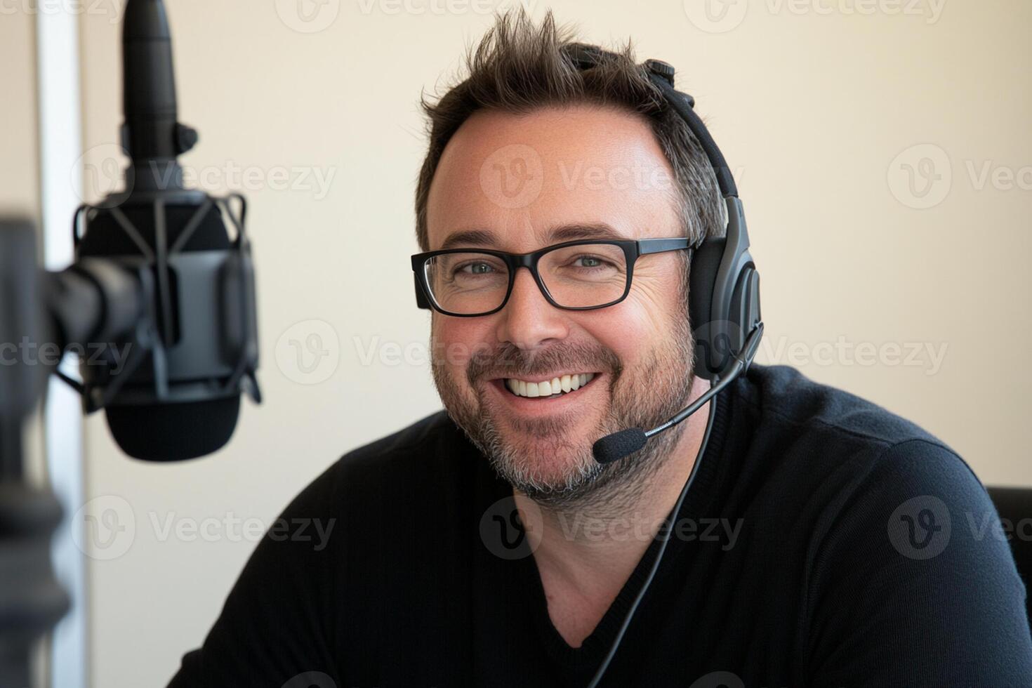 A man wearing glasses and a headset is smiling photo