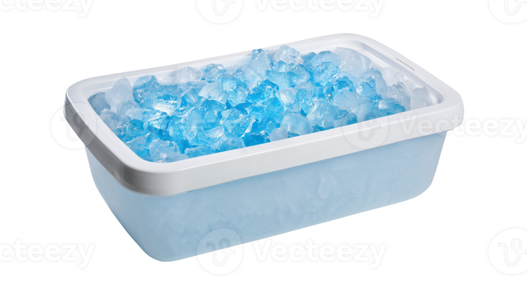 Ice storage container with blue frozen cubes for drinks and culinary use png