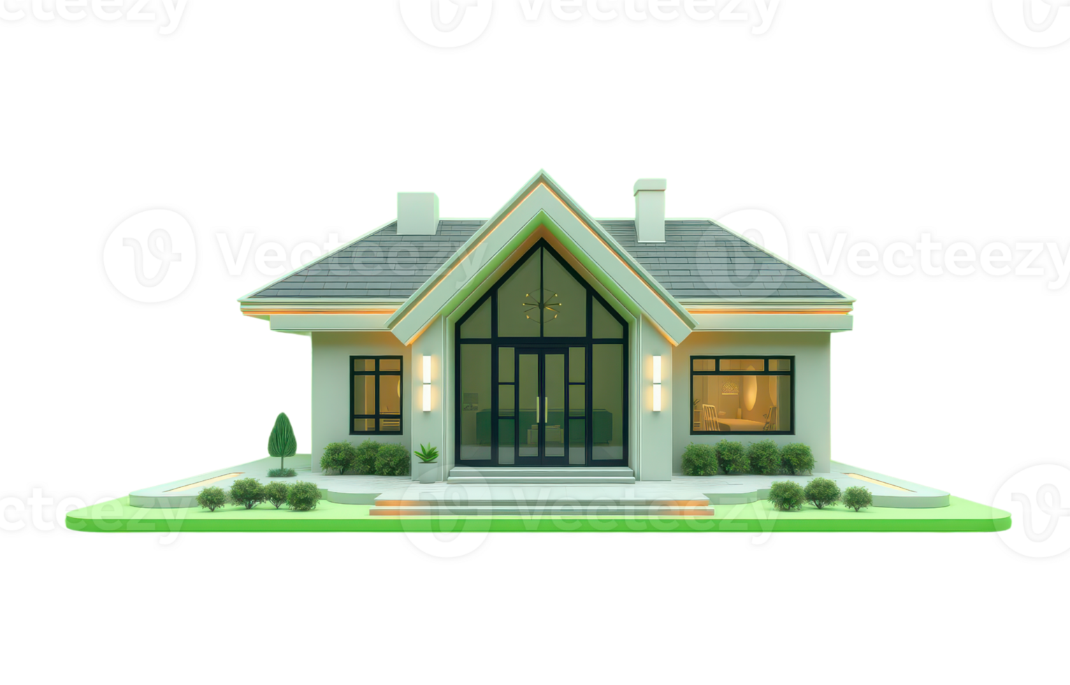 3d render of a modern house with large glass doors and a green landscape area illustrating architecture and residential design png