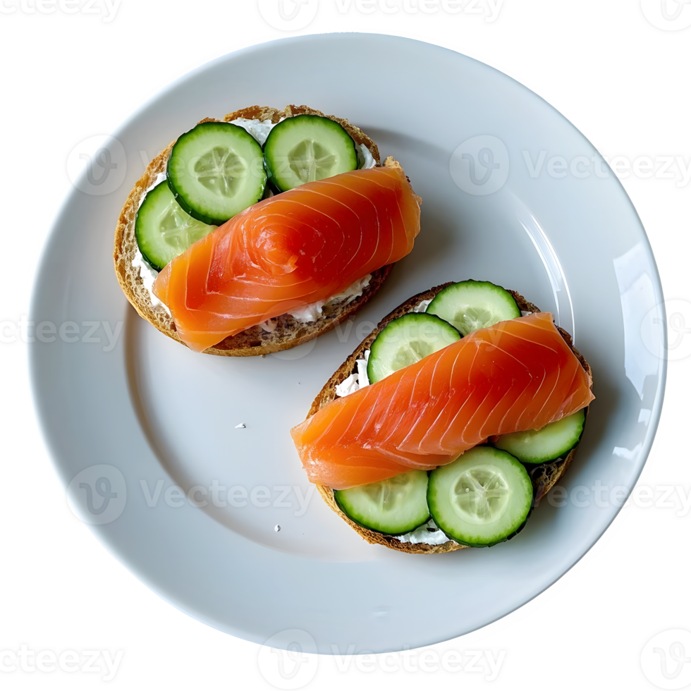 Smoked Salmon and Cucumber Open Sandwiches on White Plate png