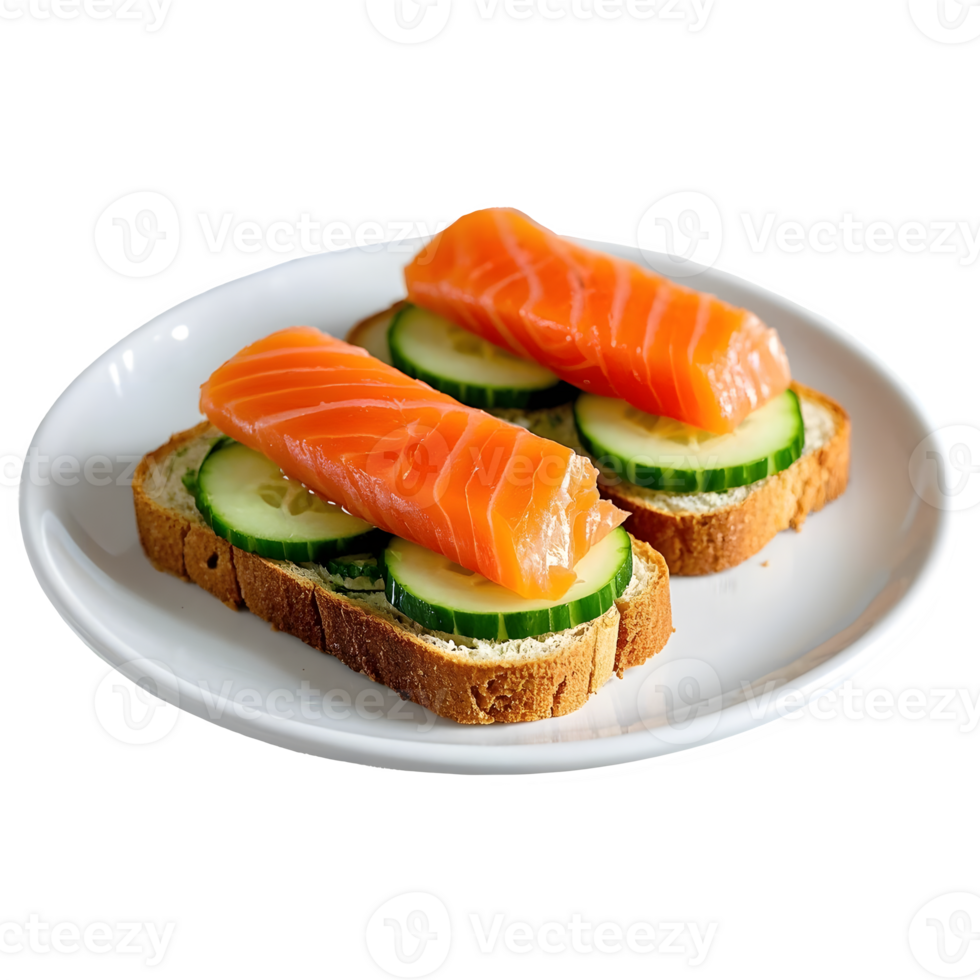 Tasty sandwich with salmon and vegetables on plate isolated on a transparent background png