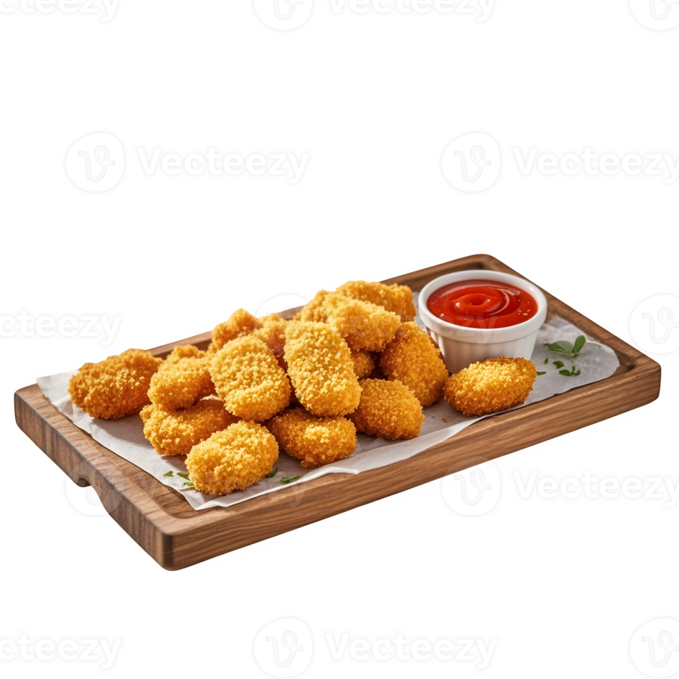 Pile of Golden Brown Nuggets on Wood Serving Tray png