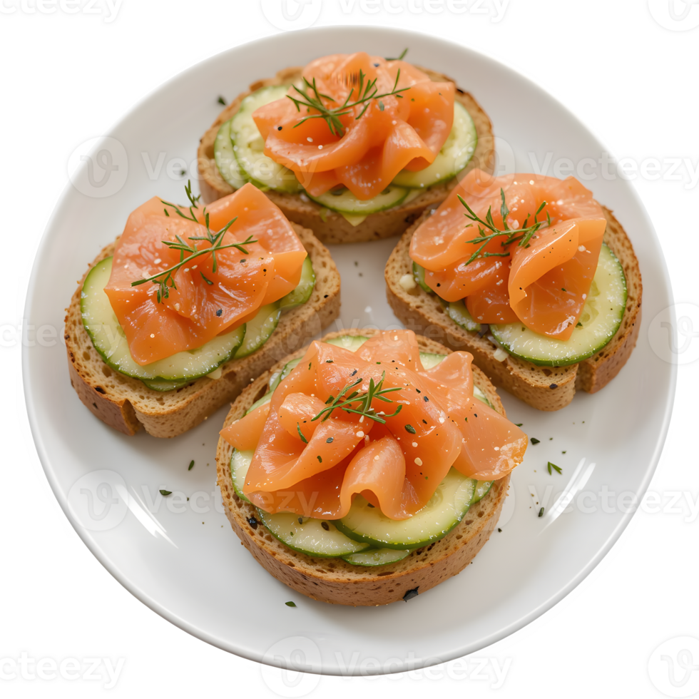 Smoked Salmon Appetizers with Rye Bread and Cucumber Isolated png