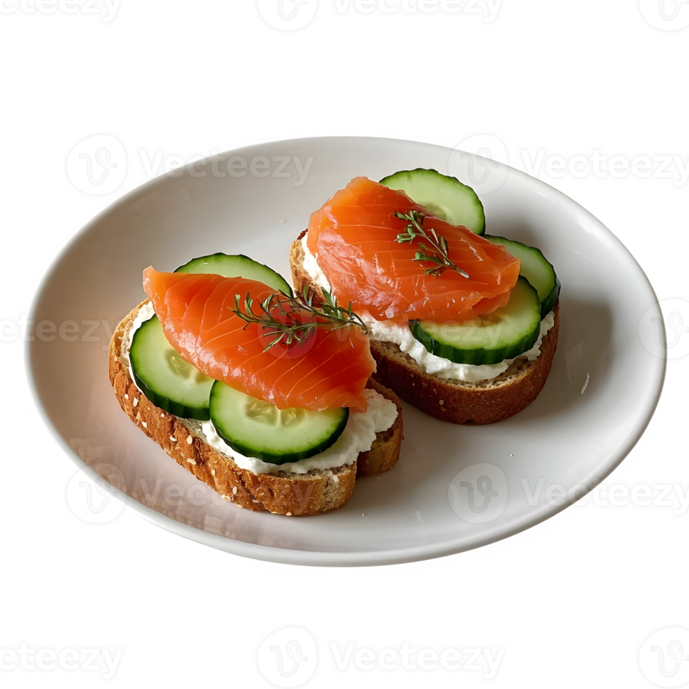 Delicious Toast With Salmon Cucumber And Cream Cheese Isolated png