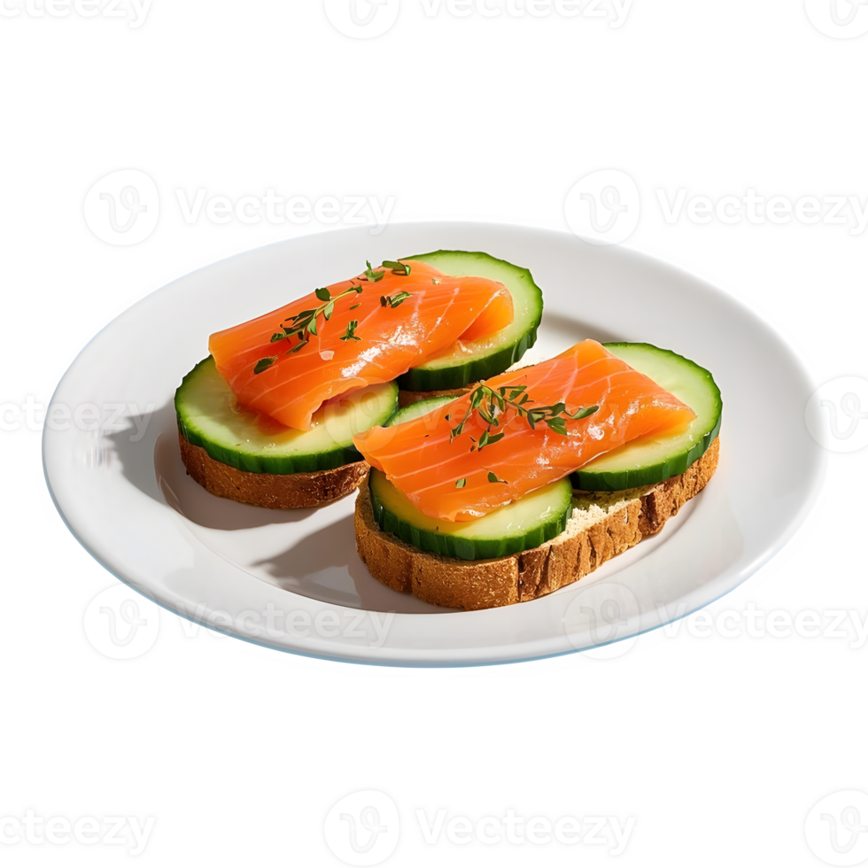 Delicious Salmon And Cucumber Toast Bites on White Plate png