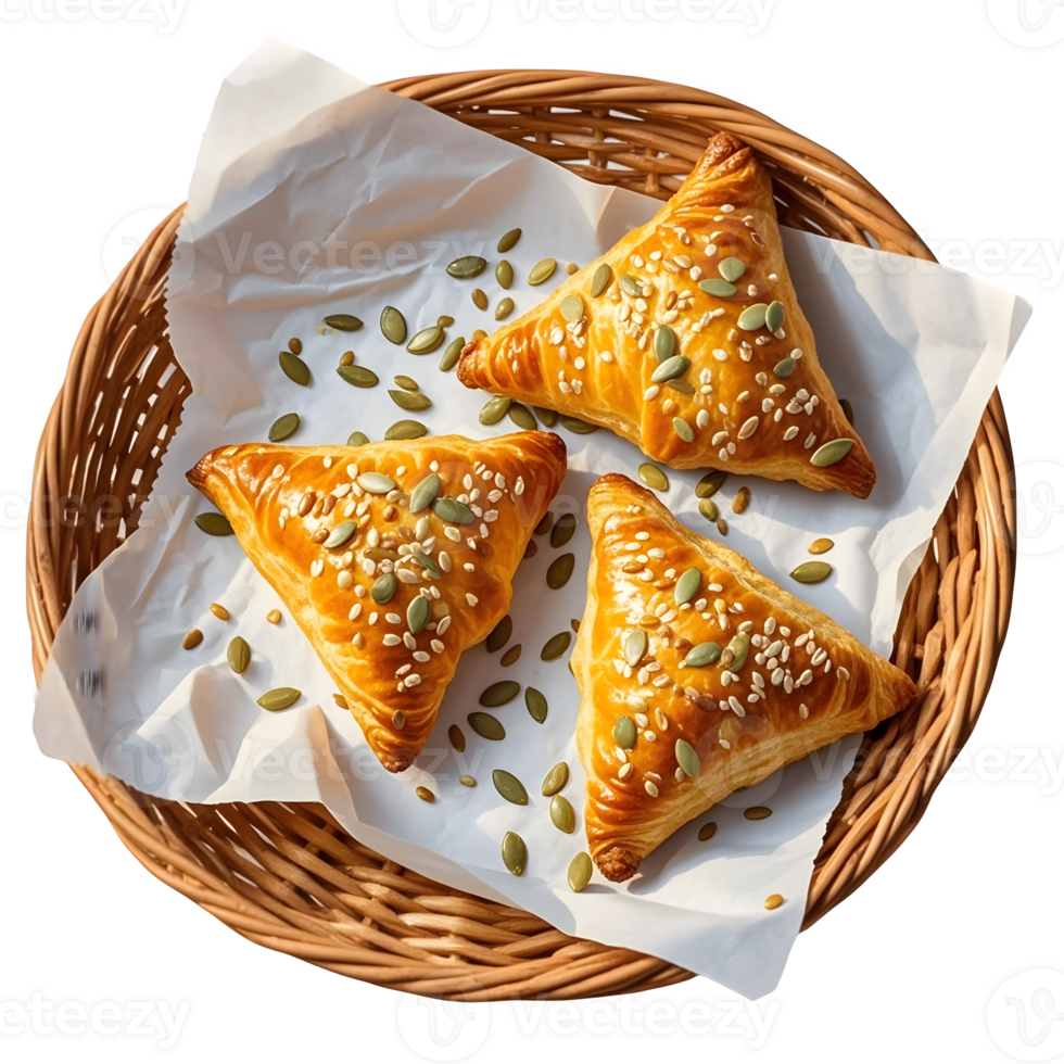 Triangular Pastries with Seeds in Basket Close Up Shot png
