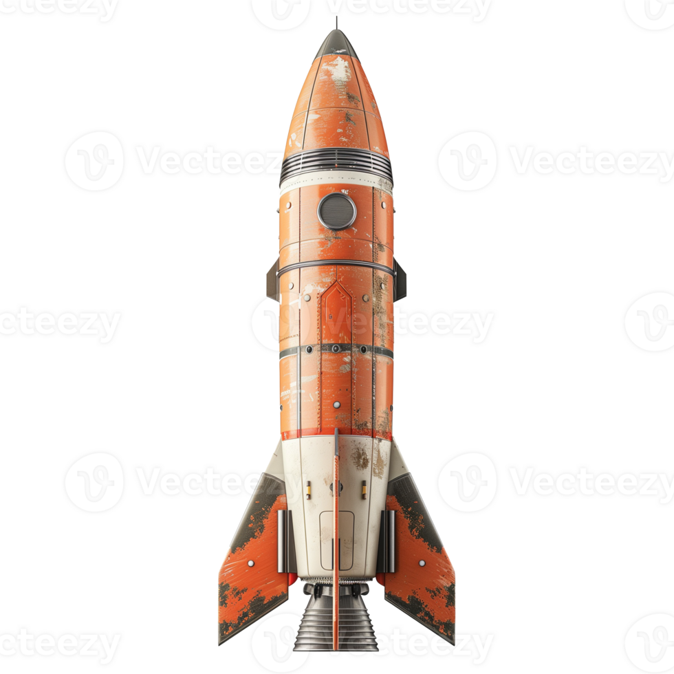 Full View of Retro Model Rocket on Transparent Background Isolated for High-Quality Design Projects in Vintage Science Fiction and Space Exploration Themes png
