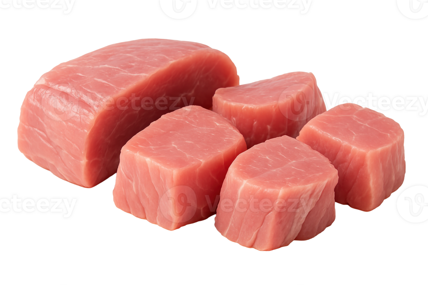 Fresh raw pork tenderloin cut into cubes on transparent background. Ingredient for cooking meat dishes. Healthy food concept. png