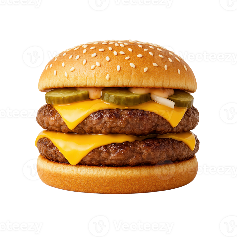 Double Cheeseburger Isolated on Transparent Background with Juicy Beef Patties, Melted Cheddar Cheese, Pickles, Onions, Special Burger Sauce, and Soft Sesame Seed Bun png