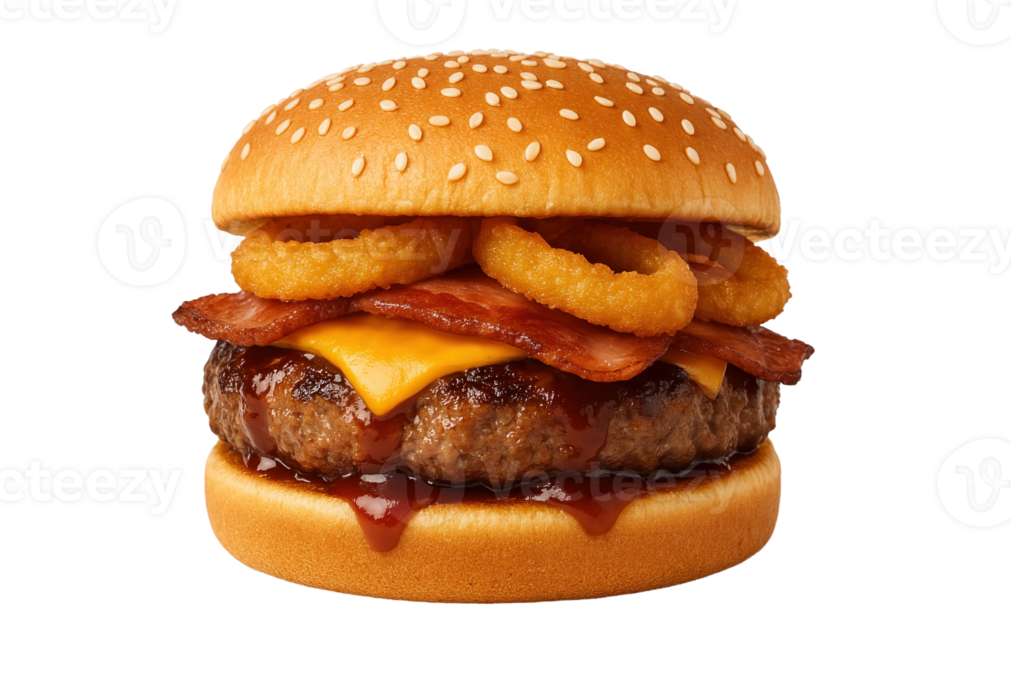 Grilled cheeseburger with bacon, onion rings, and barbecue sauce. Studio food photo isolated on transparent background. Fast food and lunch meal concept. Design for poster, banner, card, header png