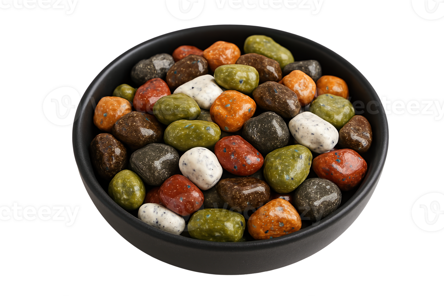 Colorful Chocolate Candies Shaped Like Polished Rocks in Black Bowl Mimicking Real Stones with Earthy Tones and Glossy Textures png