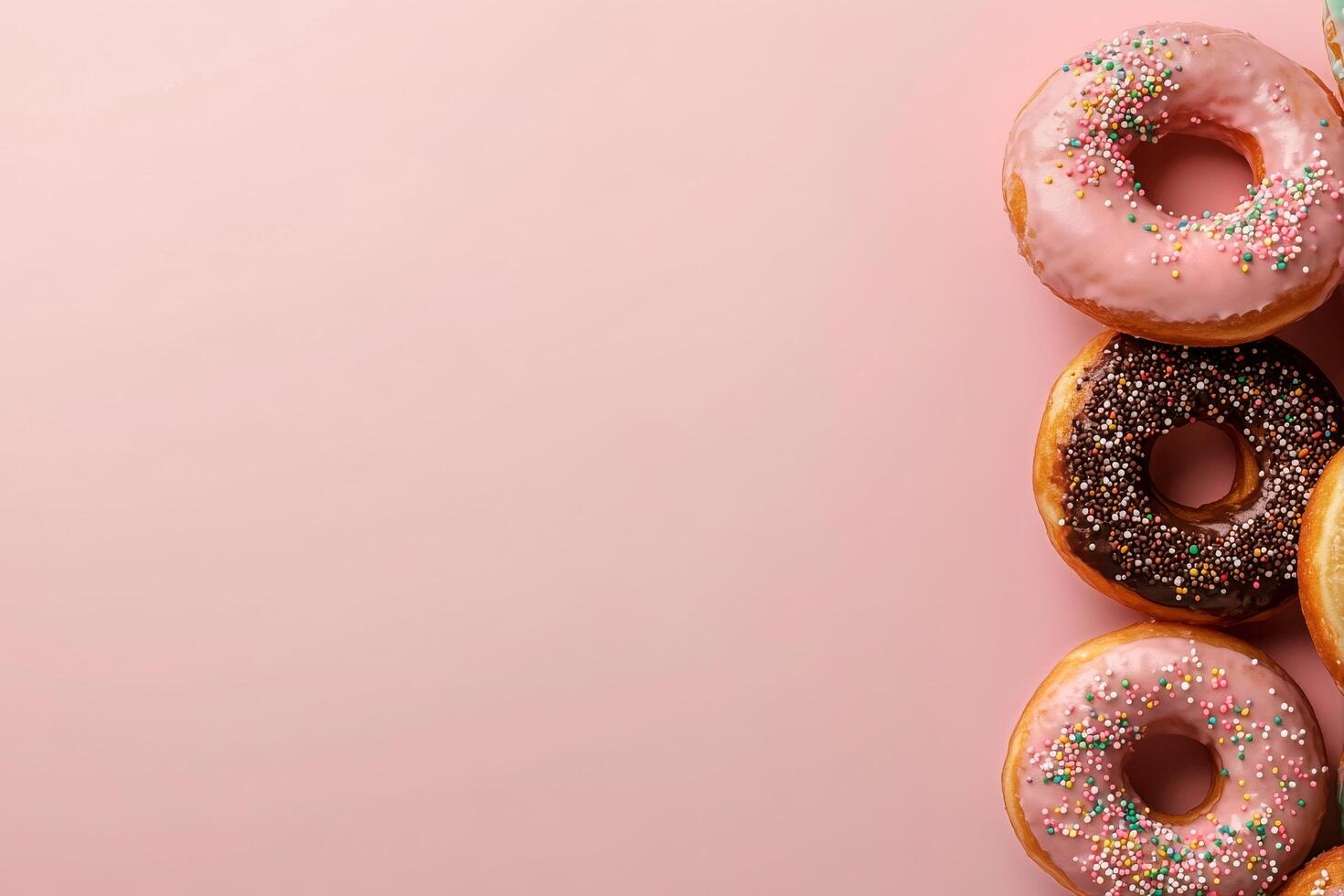 Colorful Assortment of Donuts on a Pink Background for a Delightful Treat photo