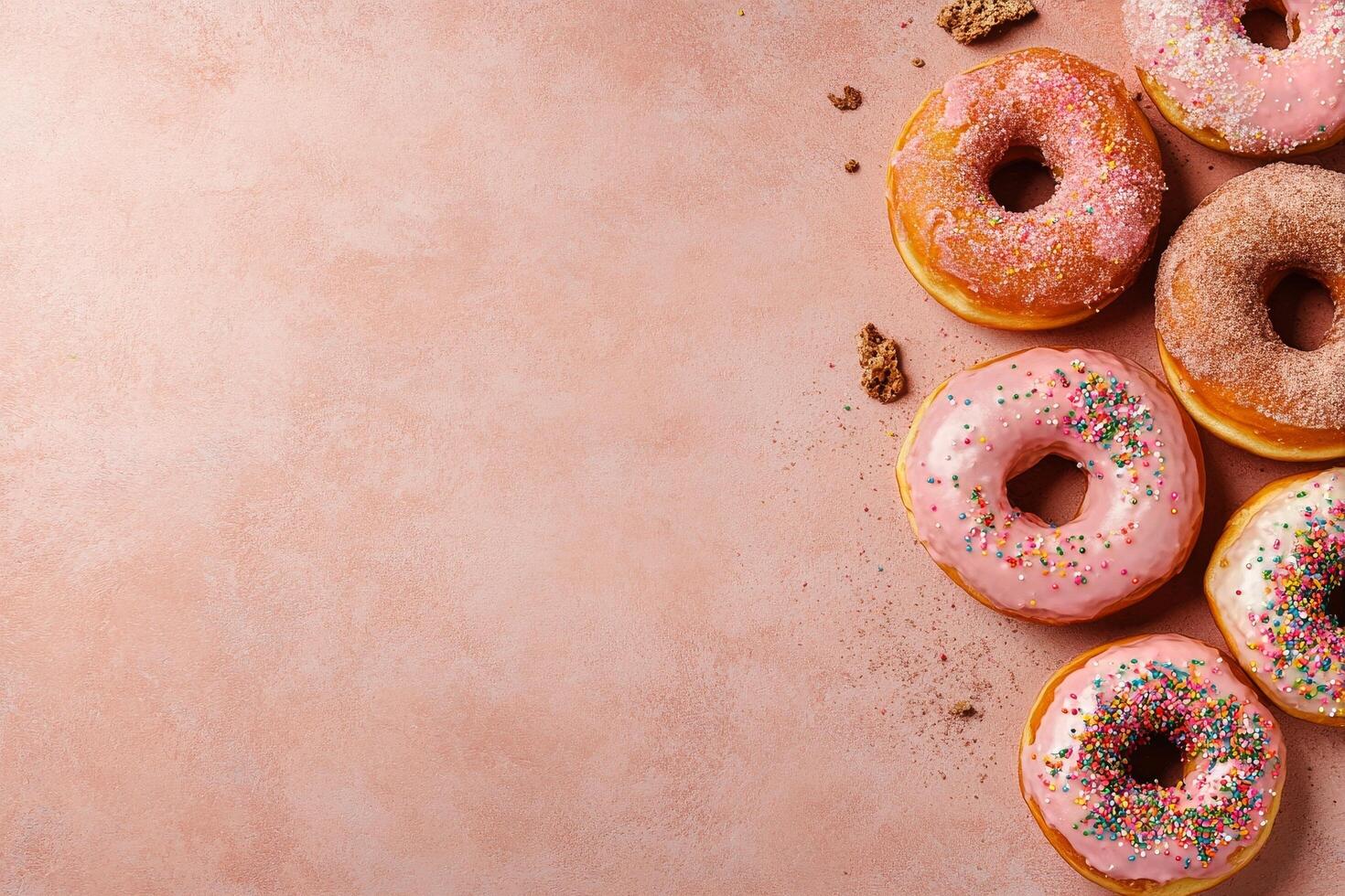 Colorful Donuts Arranged on a Pink Background With Sprinkles and Sugar Coating photo