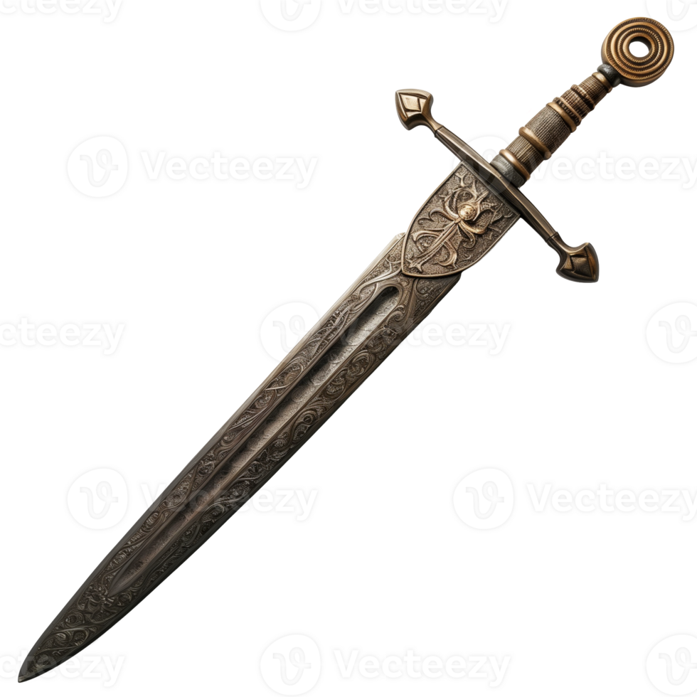Full View of an Ornate Medieval Knight's Sword with Intricate Designs and Brass Handle on a Transparent Background png