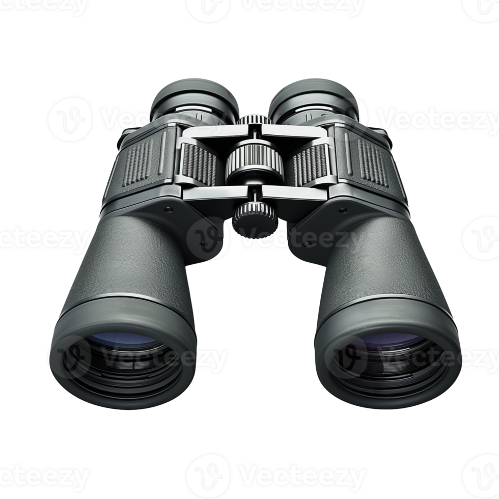 Black binoculars with rubber grip and central focusing wheel. Studio object shot on transparent background. Exploration, outdoor activity and observation concept. png
