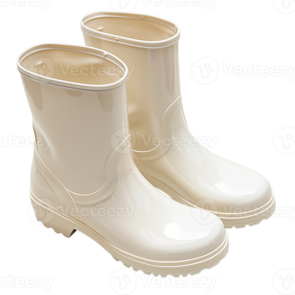 Pair of Cream Rain Boots on Transparent Background Isolated Full View for Fashion Retail Design and Seasonal Advertising png