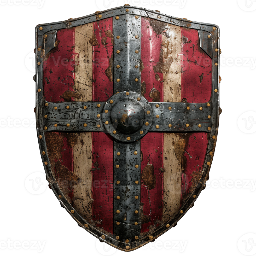 Medieval Knight Shield on Transparent Background Showcasing Weathered Metal Texture and Red Cross Design for Graphic Design Inspiration and Historical Reenactments png