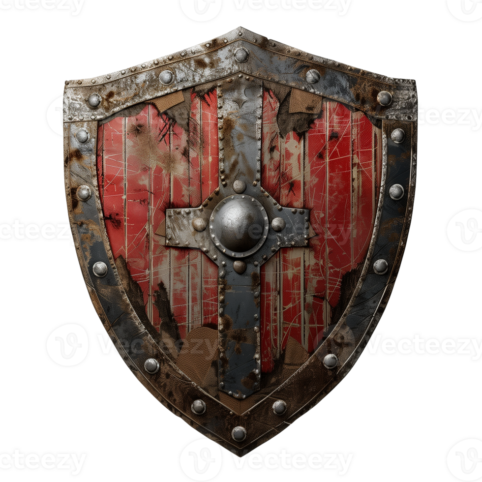 Detailed Medieval Shield With Weathered Surface and Cross Design on Transparent Background for Historical and Fantasy Themes png