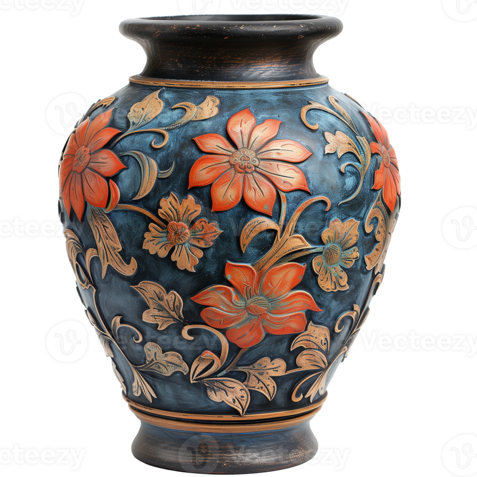 Decorative Floral Vase with Red and Gold Flowers on Transparent Background Full View for Isolated Design Projects png