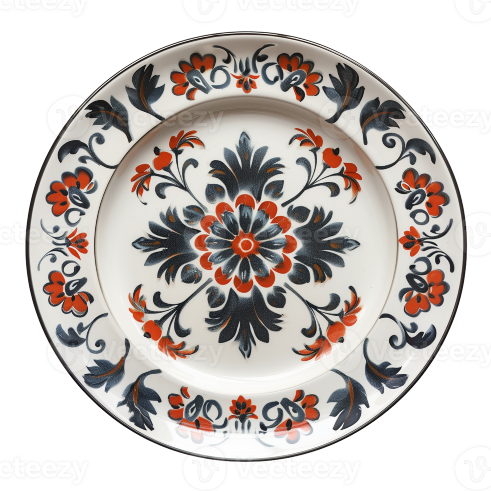 Traditional Ceramic Plate with Floral Patterns on Transparent Background for Artistic Kitchen Decor and Design Elegance png