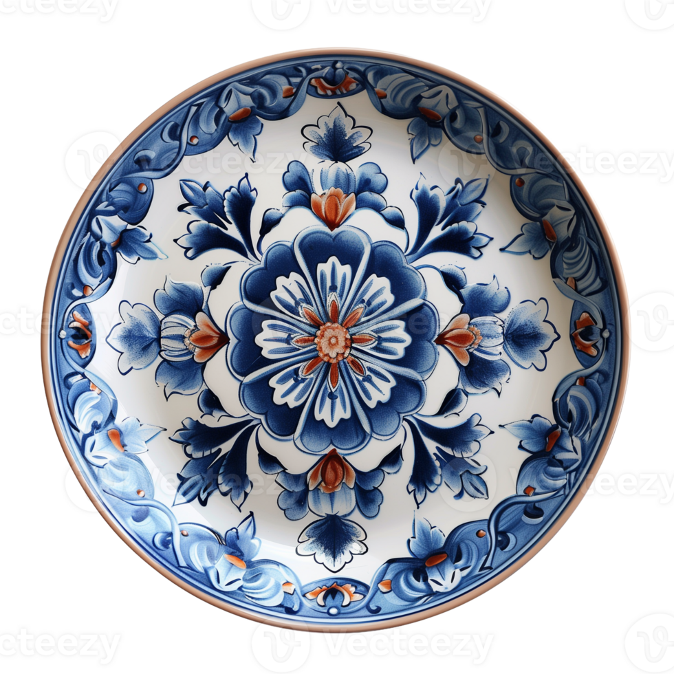 Decorative Blue and White Floral Plate on Transparent Background Isolated for Artistic Design and Interior Decor png