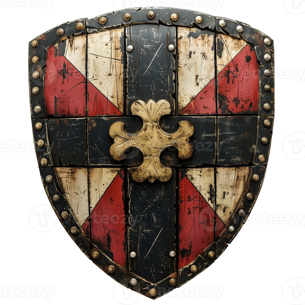 Medieval Knight Shield with Cross Emblem on Worn Wood and Metal Texture Isolated on Transparent Background for Historical Military Design png