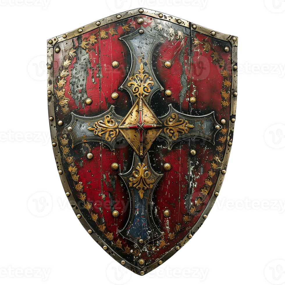 Detailed Medieval Knight Shield with Cross on Transparent Background for Historical and Fantasy Themes png