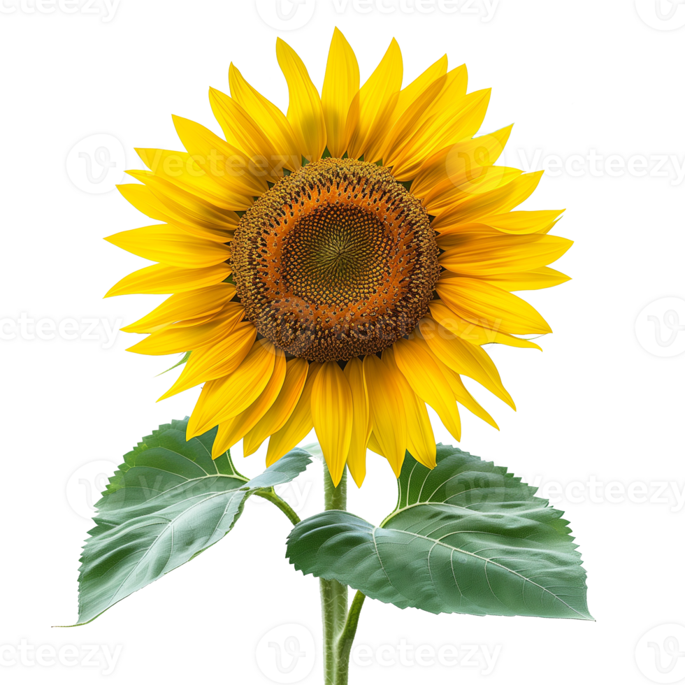Full View of Vibrant Sunflower with Green Leaves on Transparent Background Ideal for Nature and Floral Designs png