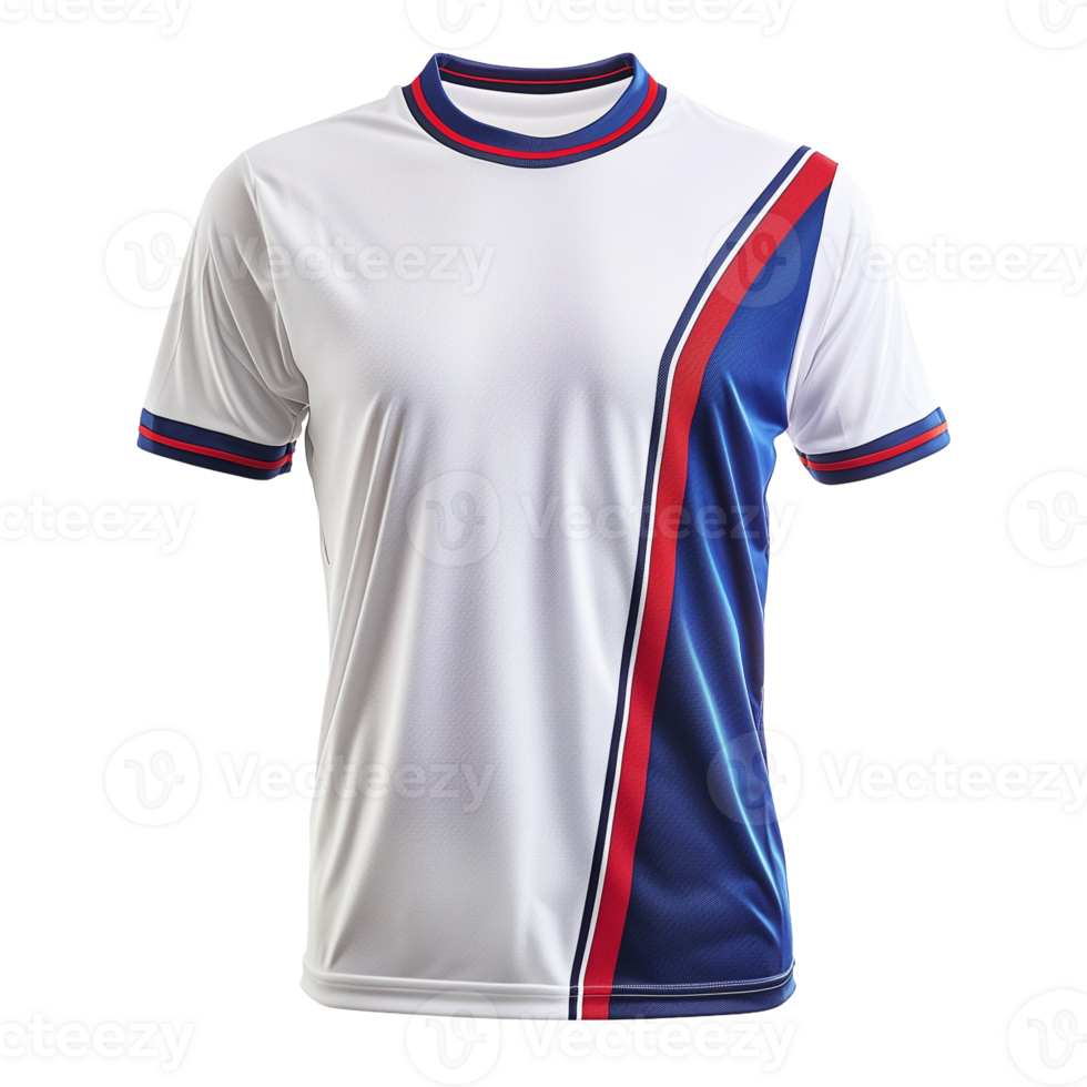Soccer Jersey On Transparent Background, Isolated View, White and Blue Sportswear With Red Accents for Athletic Teamwear Design and Branding png