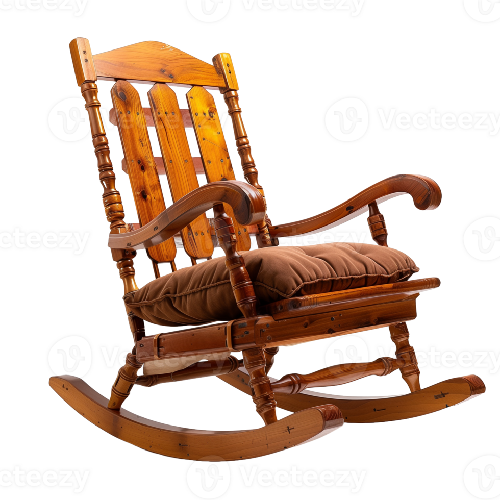 Wooden Rocking Chair With Brown Cushion on Transparent Background Showing Full View Design png