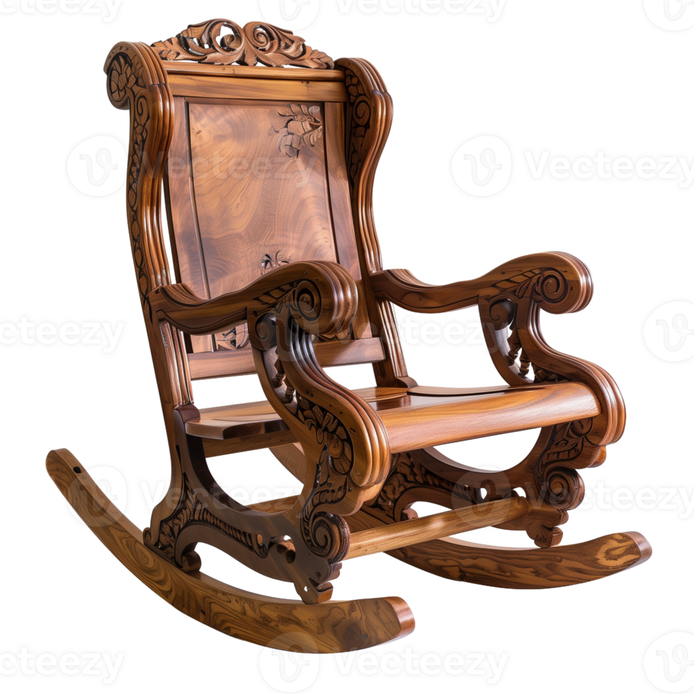 Elegant Wooden Rocking Chair with Intricate Carvings on Transparent Background Perfect for Interior Design and Furniture Catalogs png