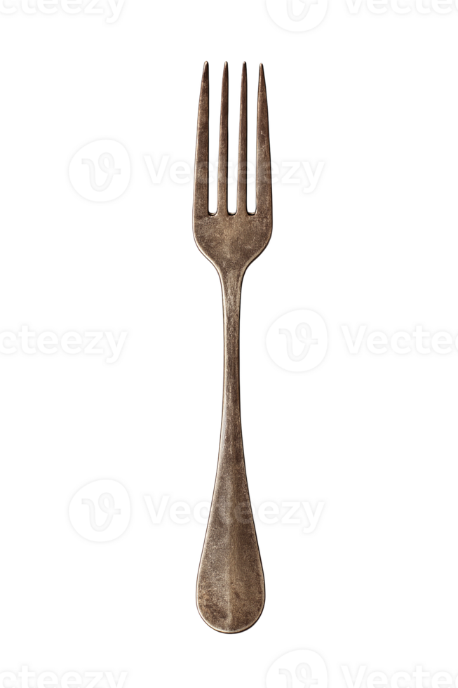 Old distressed metal dining fork with four prongs, straight perspective view, on transparent background for easy use. png