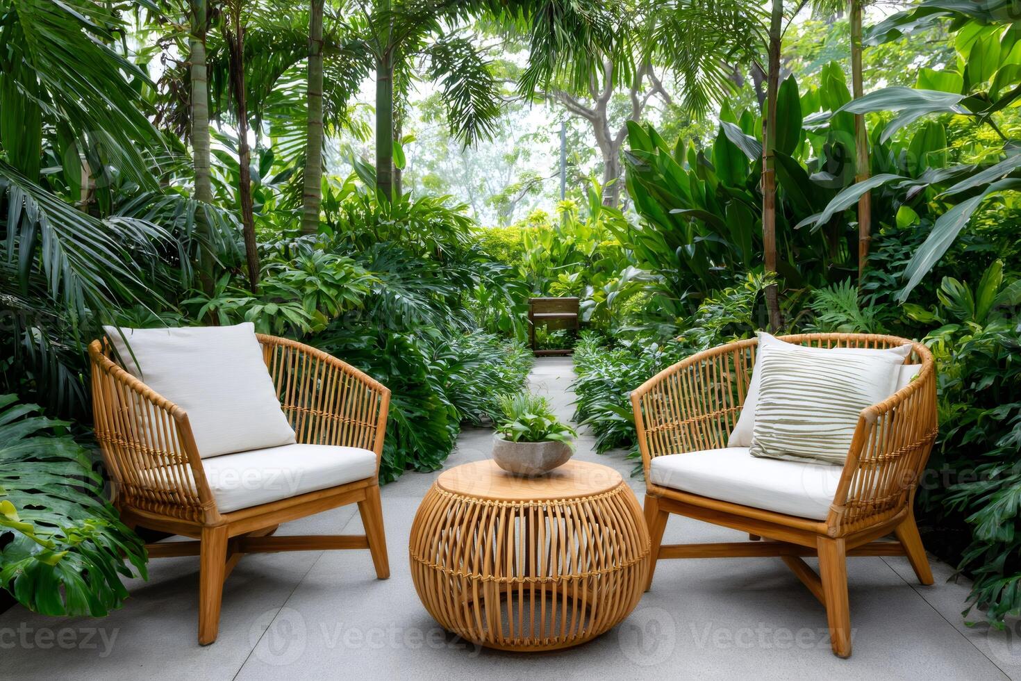 Relaxing rattan armchairs and coffee table creating a tropical oasis photo