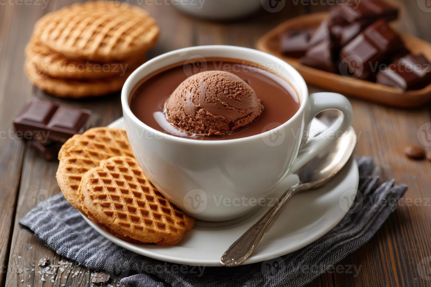 Hot chocolate with chocolate ice cream scoop and waffles cookies on rustic wooden table photo