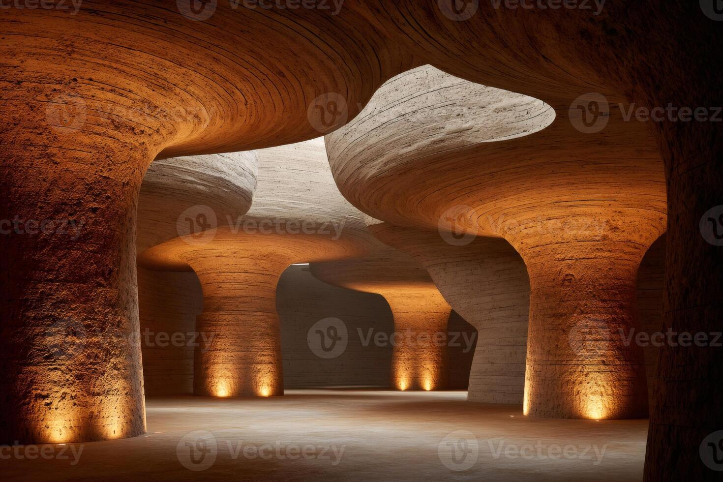 Modern architecture with soft lights illuminating textured walls and open space photo