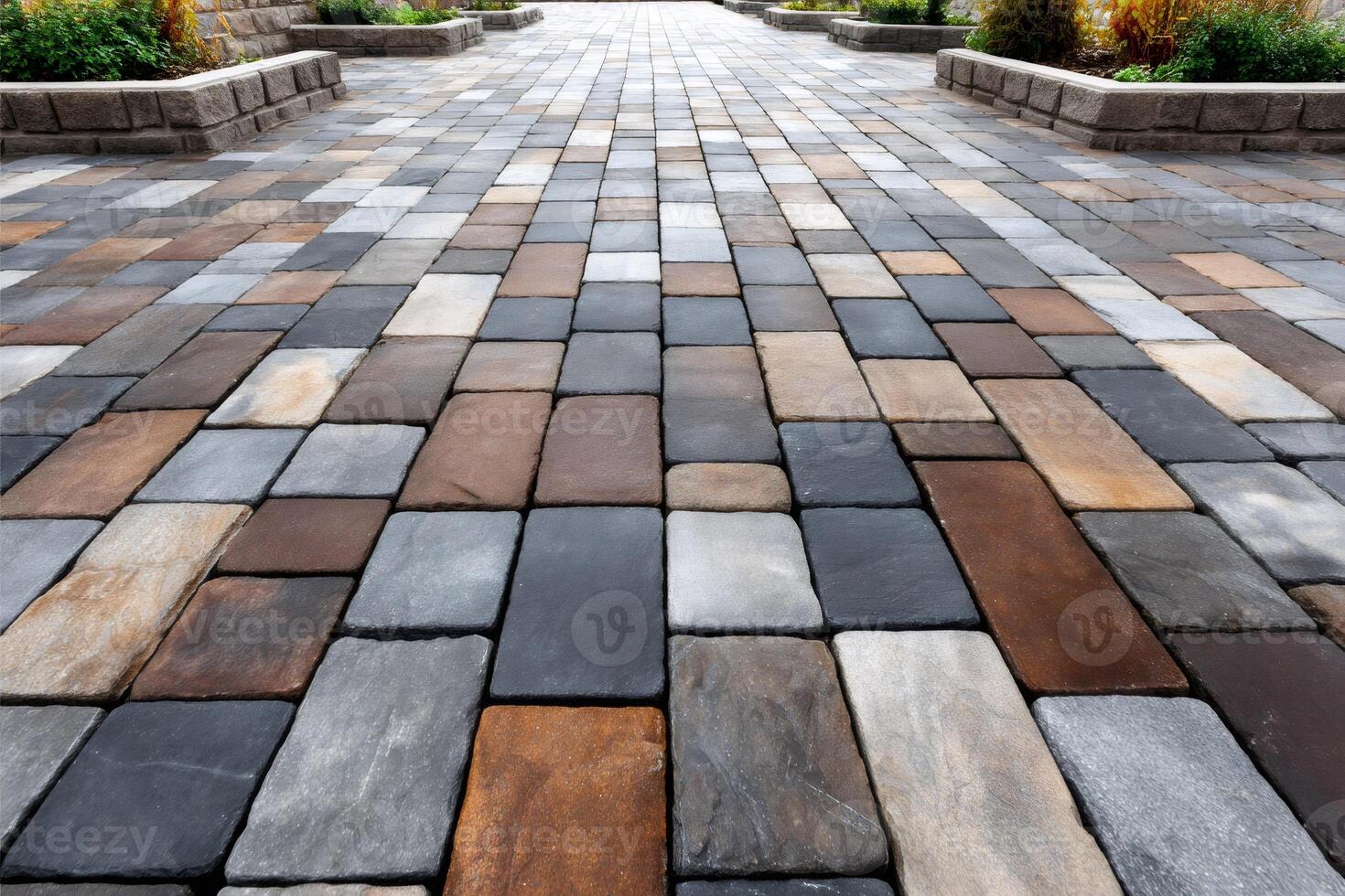 Multicolored cobblestone pavement leading to bright future in modern city park photo