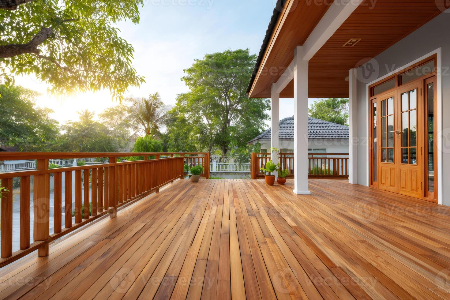 Wooden terrace with railing overlooking tropical garden at sunset photo