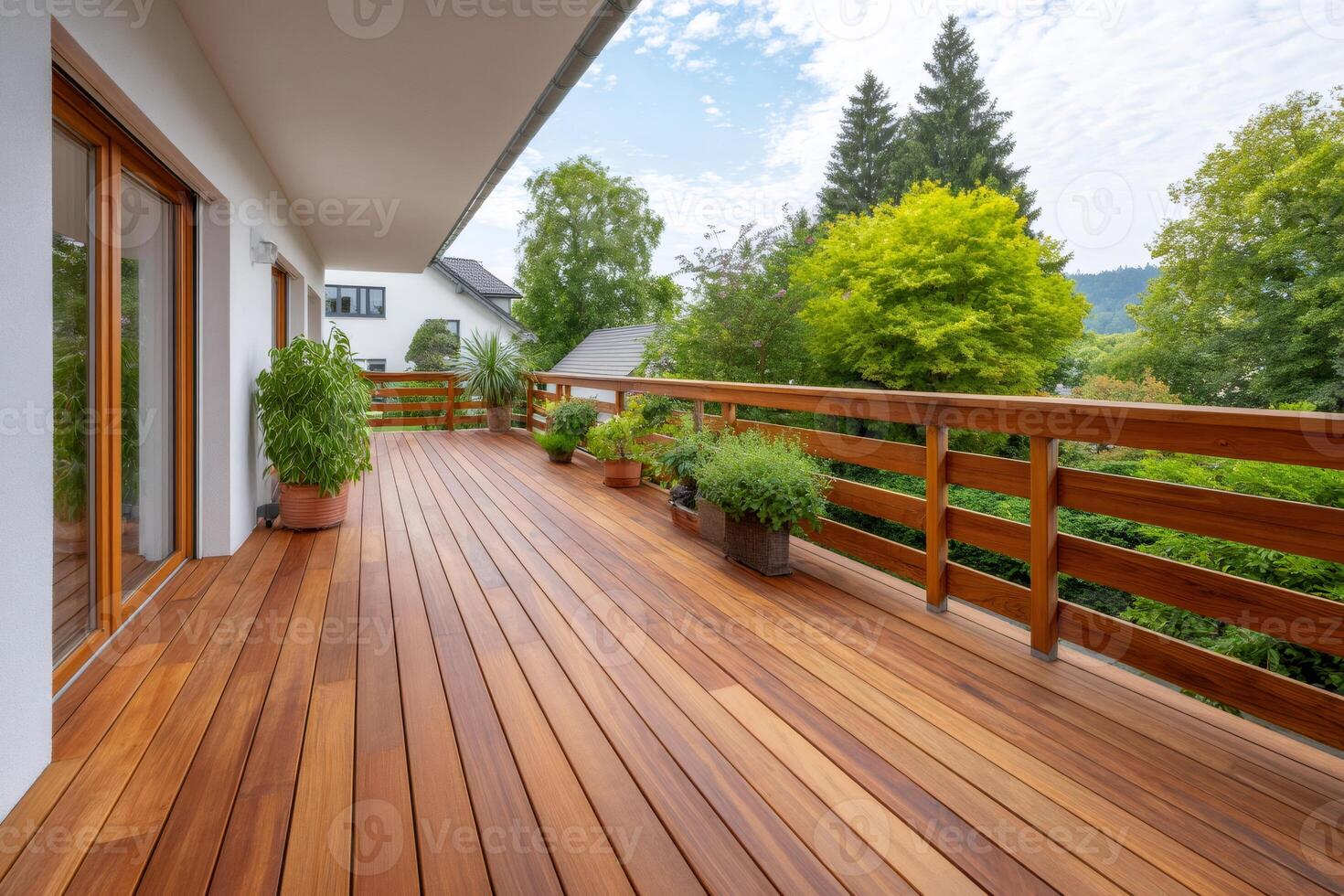 Wooden terrace with railing overlooking green scenery in modern house photo