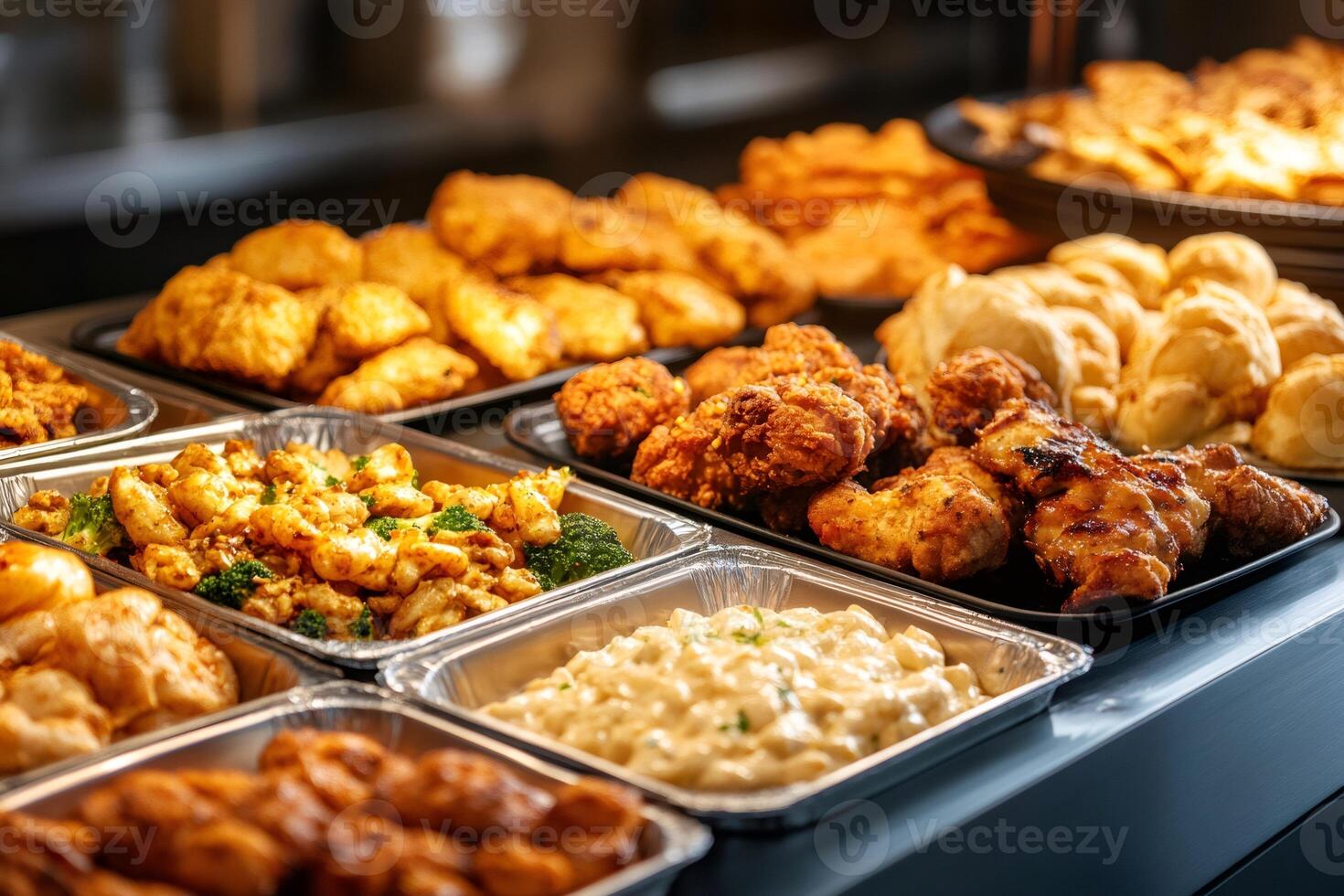 Catering buffet displaying fried chicken, broccoli, mac and cheese, and biscuits photo