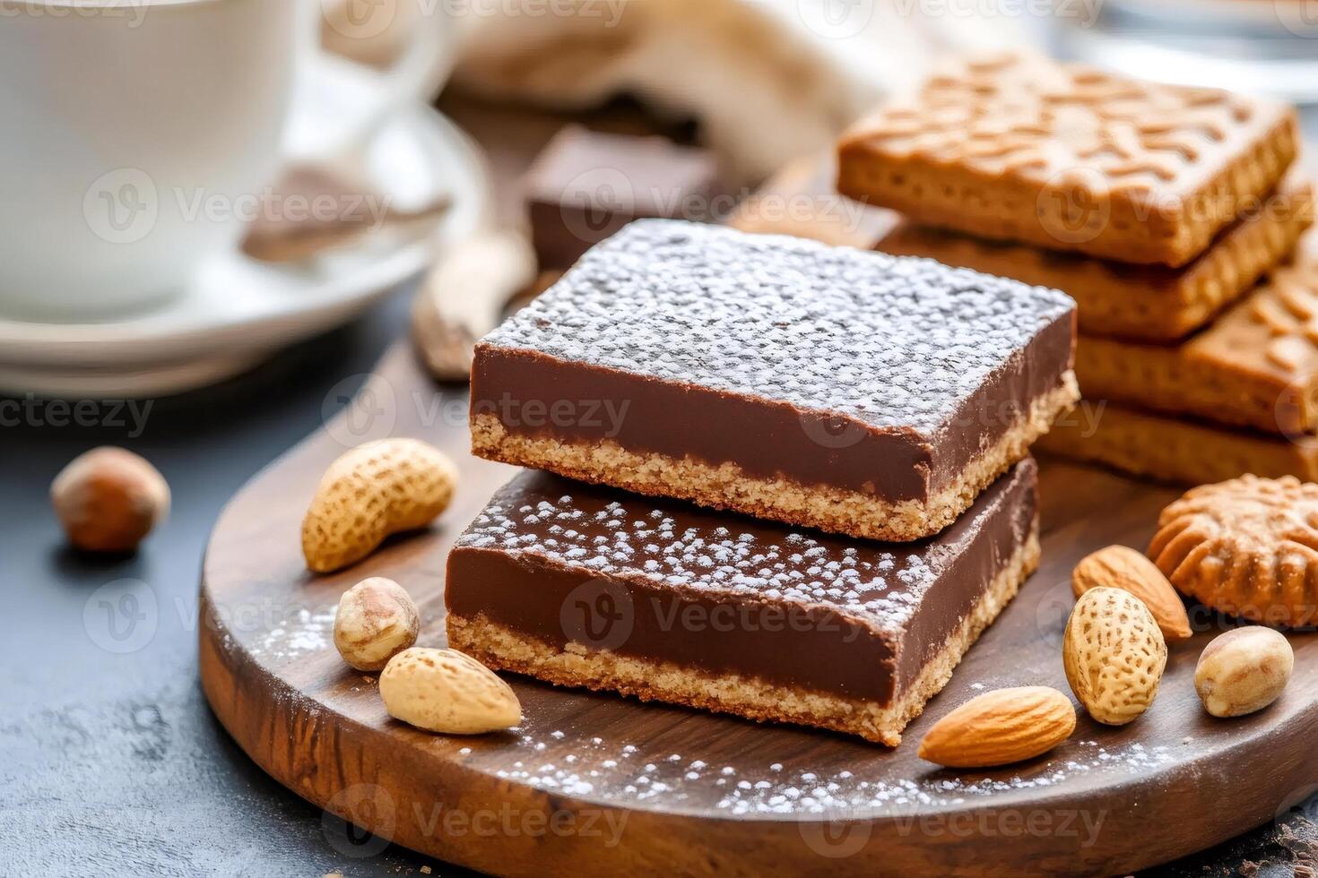Delicious chocolate brownies with cookies and nuts resting on wooden board photo