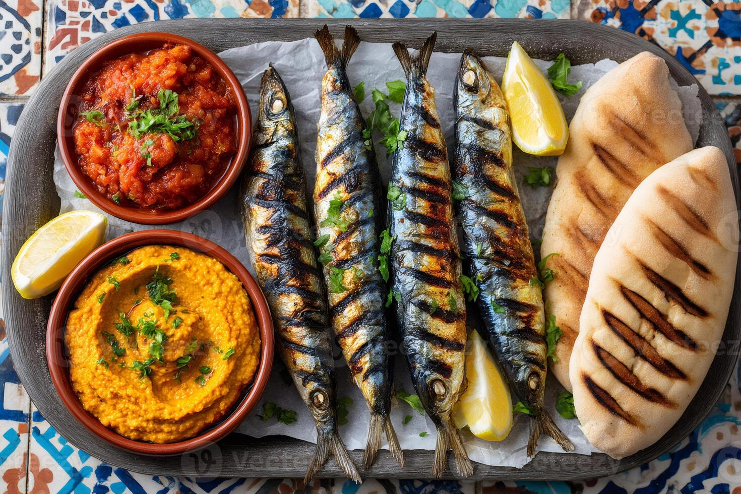 Grilled sardines with pita bread, lemon, and dipping sauces on decorative tile background photo