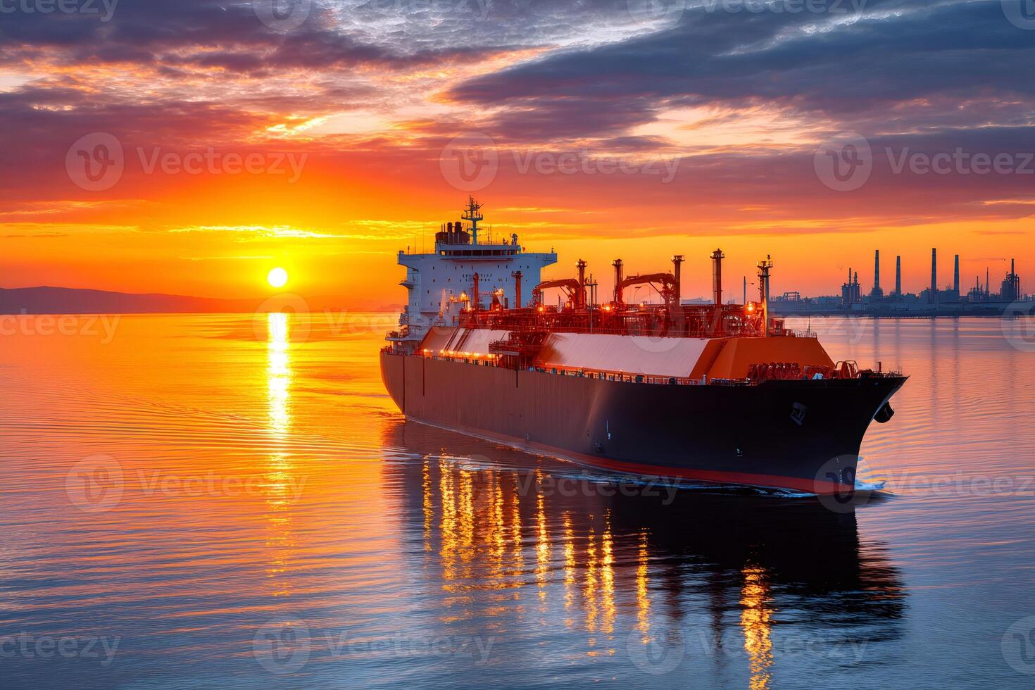 Lng tanker sailing at sunset near refinery or chemical plant photo