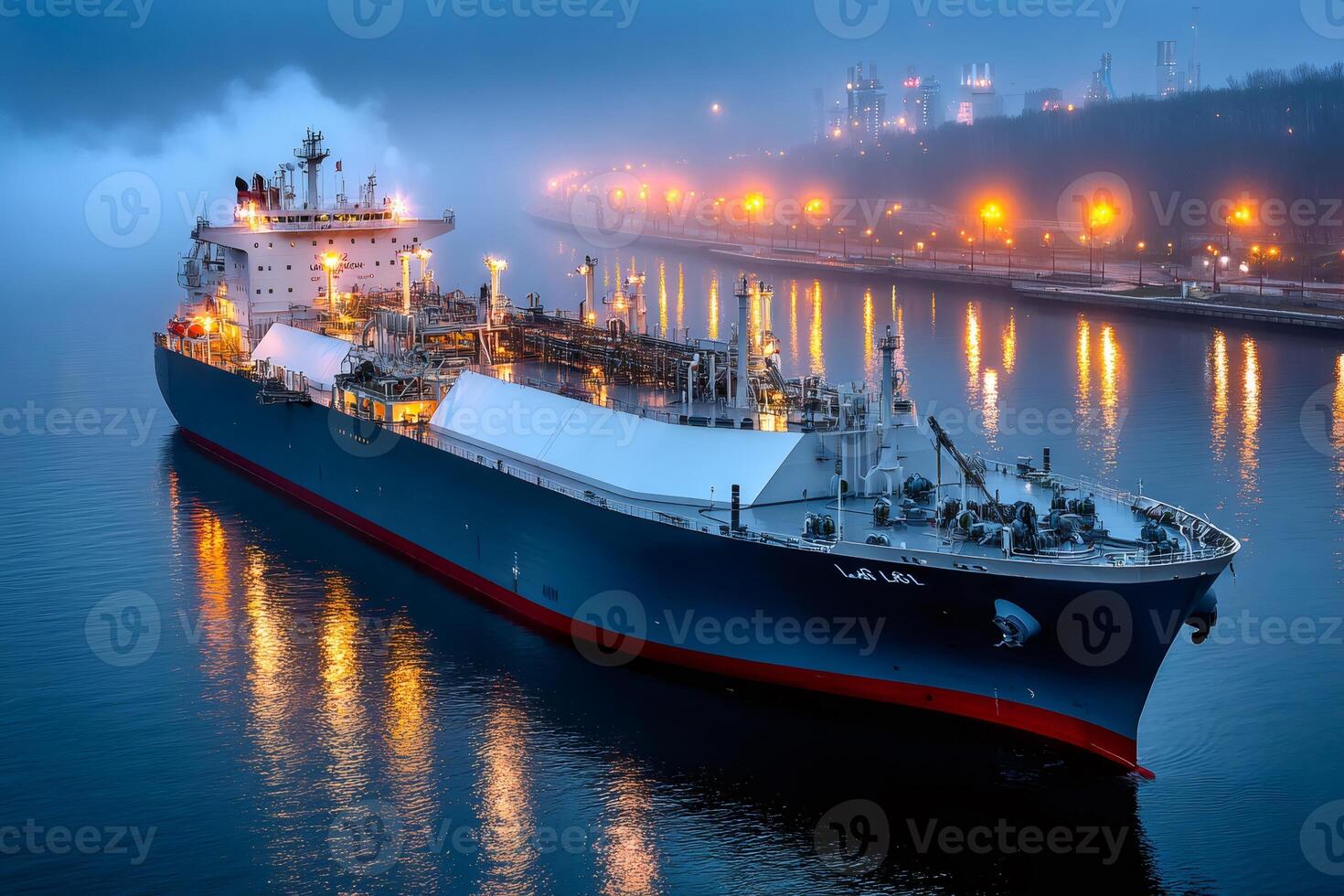 Lng tanker moored at dusk near industrial port with lights reflecting on water photo