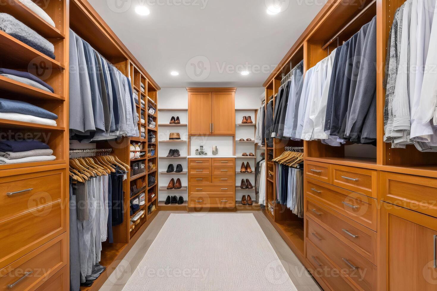 Large modern walk in closet with clothes and shoes displayed on shelves and hangers photo